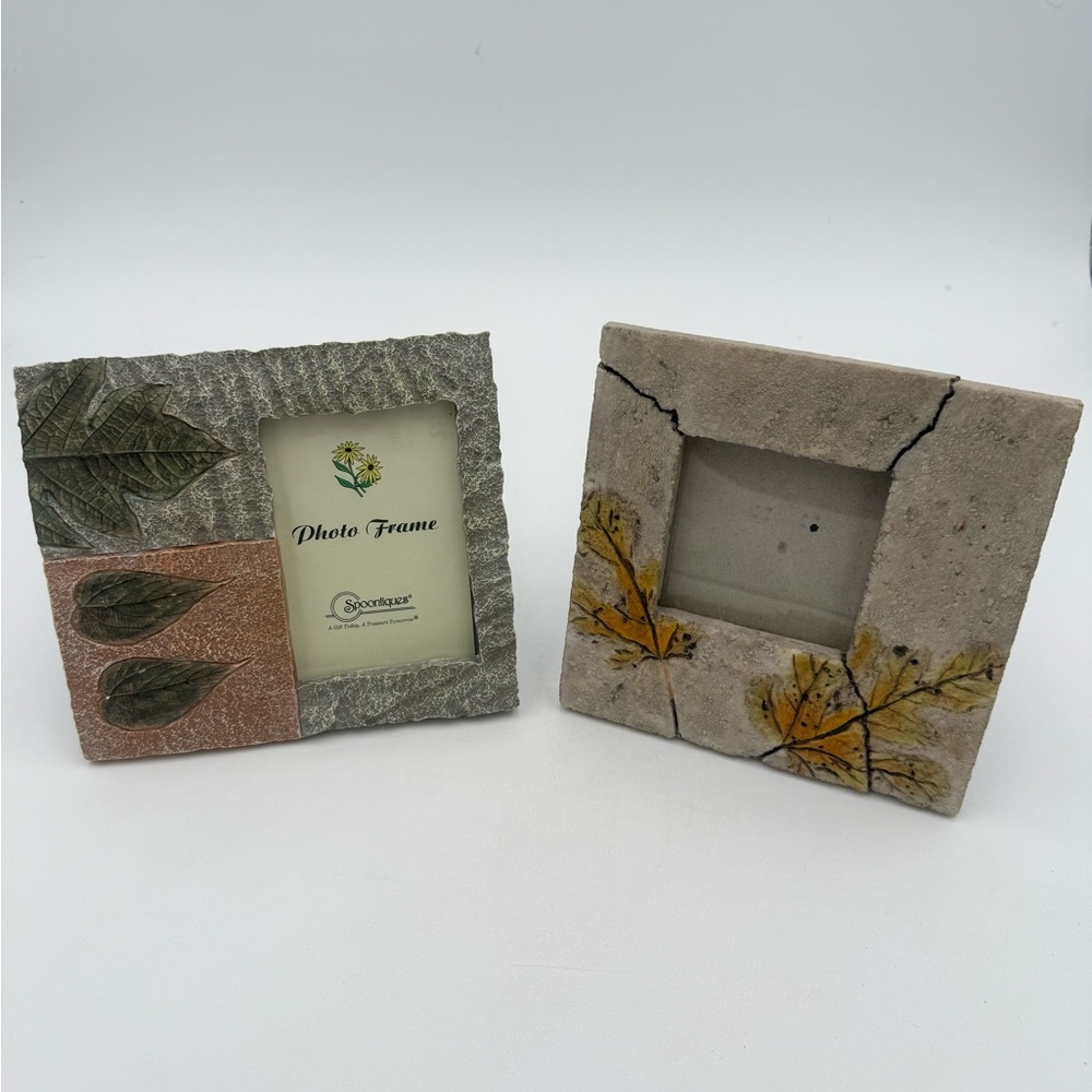 Vintage Stone Leaf Imprints Photo Frames Set Of 2 - Autumn/Fall Decor